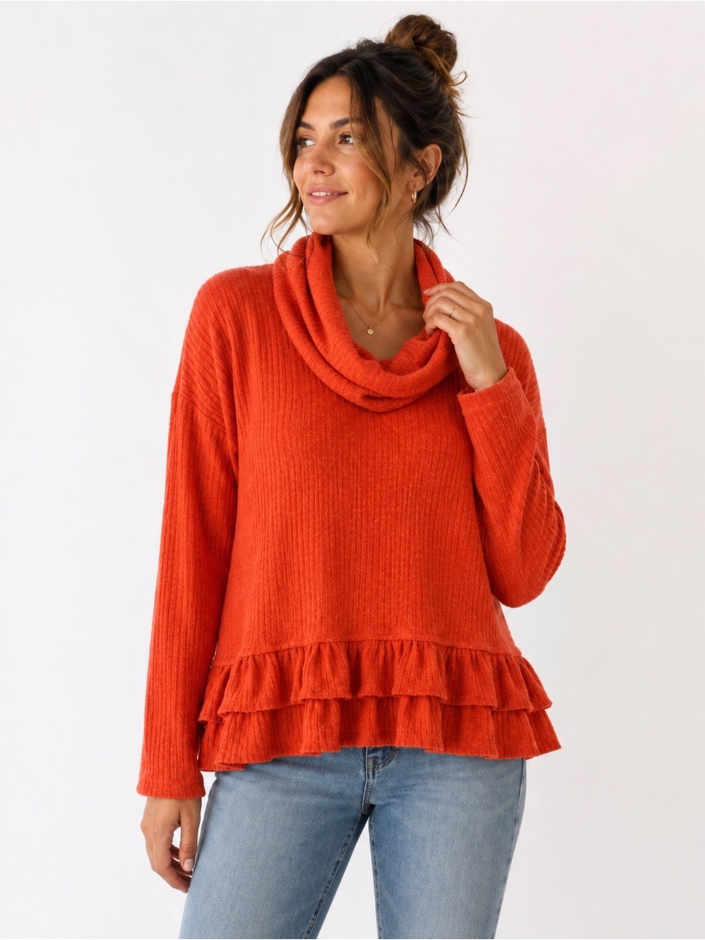 Anthropologie Orange Ribbed Cowl Neck Sweater with Ruffle Hem